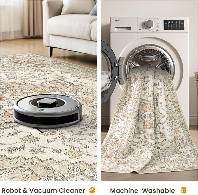 Area Rugs for Living Room - 9x12, Boho Non-Slip Low Pile Carpet Machine Washable Rugs for Bedroom, Farmhouse, Office, Dining Room (Gold)