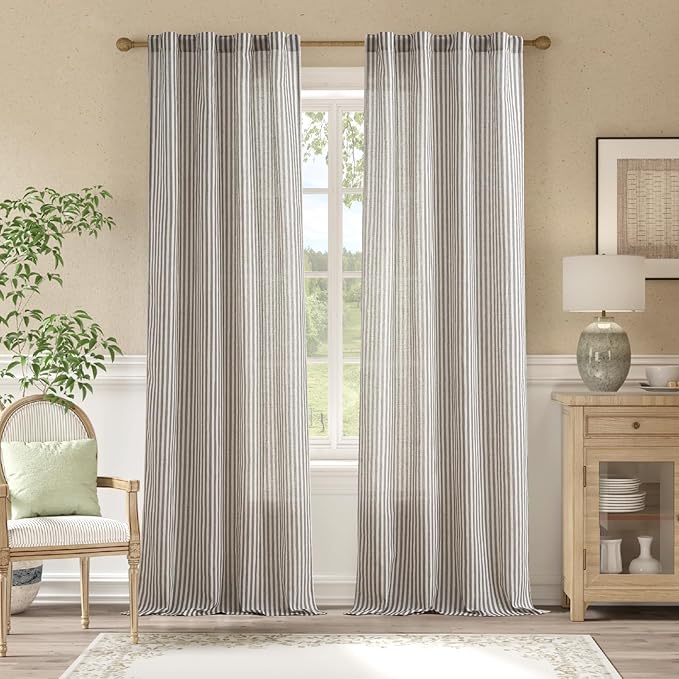 jinchan Linen Curtains 84" Charcoal Grey Stripe on Beige Back Tab 2 Panels | Curtains For Living Room Bedroom,Ticking Stripe, Farmhouse Cottage Core Rustic,Rod Pocket Window Treatment,Light Filtering