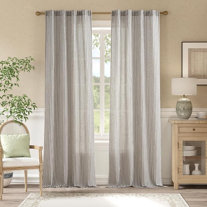 jinchan Linen Curtains 96" Charcoal Grey Stripe on Beige Back Tab 2 Panels | Curtains For Living Room Bedroom,Ticking Stripe, Farmhouse Cottage Core Rustic,Rod Pocket Window Treatment,Light Filtering