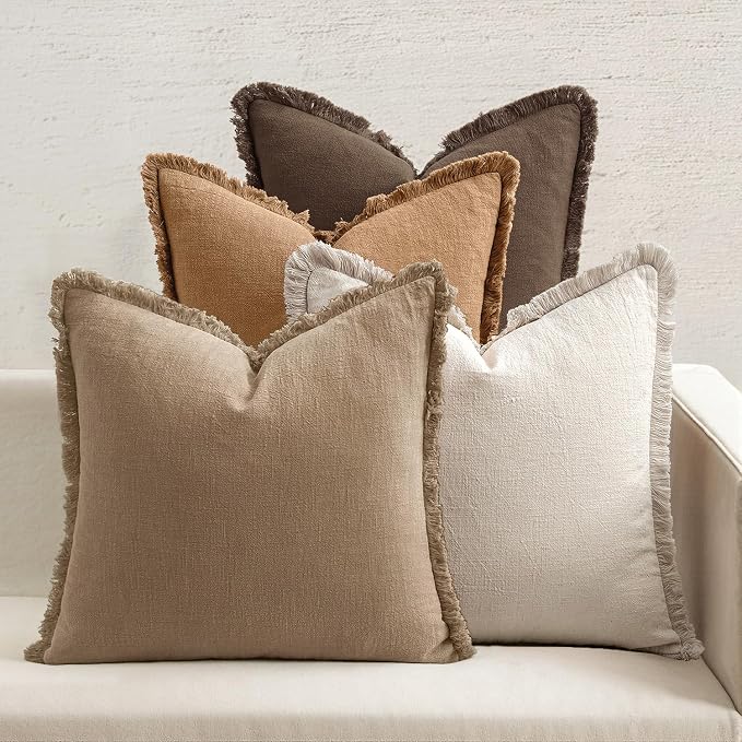 MIULEE Decorative Couch Pillow Covers Neutral Linen Fringe Throw Pillows Set of 4 Accent Rustic Cushions Boho Farmhouse Pillowcases for Bed Sofa Living Room Spring Home Decor 18x18 Inch Neutral Brown