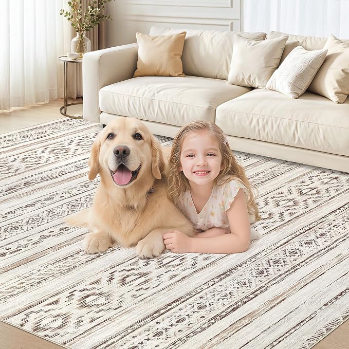cotiled 5x8 Area Rugs Living Room Rug: Washable Boho Rugs with Non Slip Backing Large Soft Indoor Stain Resistant Carpet for Bedroom Farmhouse Dining Room Lightweight Home Decor Cream Brown