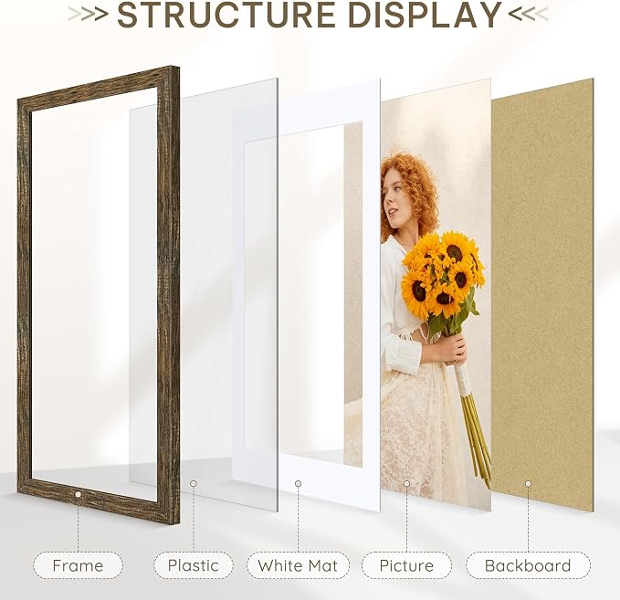Picrit 24x36 Picture Frame 3 Pack, Wooden Brown Rustic Poster Frame, Display Poster 20 x 30 with Mat or 24 x 36 Without Mat for Horizontal or Vertical Wall Mounting
