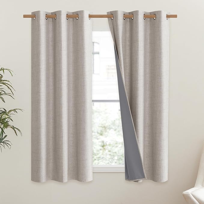 NICETOWN Brich Vintage Open Linen Weave Flax Thermal Curtains, 100% Blackout Curtains 63" Long for Dining Room, Soundproof Window Treatment Drapes for Gym Room, 42" Wide Per Panel, Set of 2