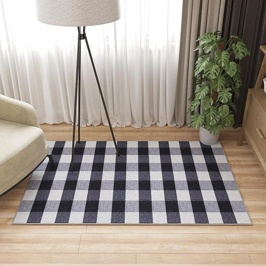 Ottomanson 2'7" x 6' Kitchen Runner Rug – Non Slip Stain Resistant Low Pile Kitchen Floor Mat for Sink, Laundry Room, Hallway & Bathroom, Buffalo Plaid Black/White