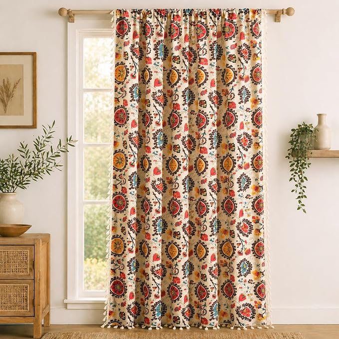 VOGOL Vibrant Boho Curtains, Red Sun Disc Mandala Floral Drapes to Brighten Your Living Room, European Ethnic Style Textured Fabric with Tassels, 59"x79", 1 Panel