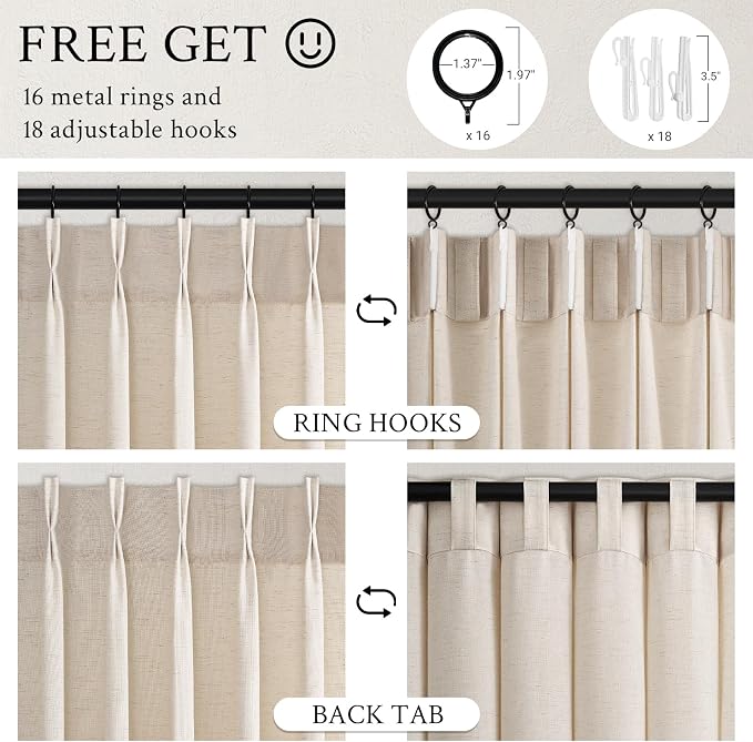 Pinch Pleated 94 Inch Curtains 2 Panels for Living Room,Ivory Beige Linen Curtains 94 Inches Long Pinch Pleat Drapes for Track System Light Filtering Semi Sheer Curtains for Dining Bedroom Office