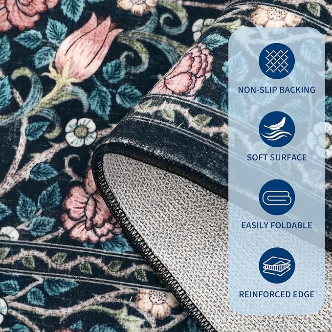 GarveeHome Indigo Blue and Pink Vintage Floral Small Rug 2x3 Door Mat Indoor Rugs for Entryway Washable Non-Slip TPE Backing Soft Low-Pile Rugs for Bathroom Bedroom Kitchen