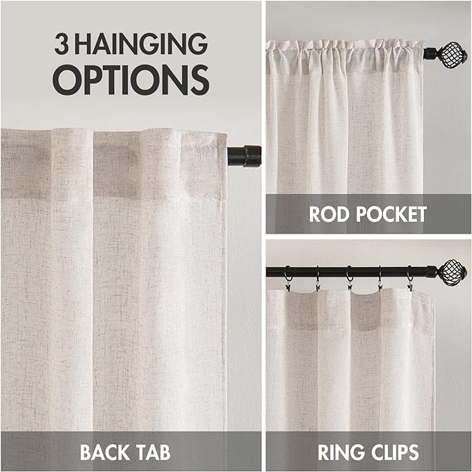 MIULEE White Short Linen Curtains 45 Inch Length 2 Panels for Kitchen Bedroom Bathroom, Soft Thick Linen Textured Natural Basement Window Drapes Semi Sheer Light Filtering Back Tab Rod Pocket