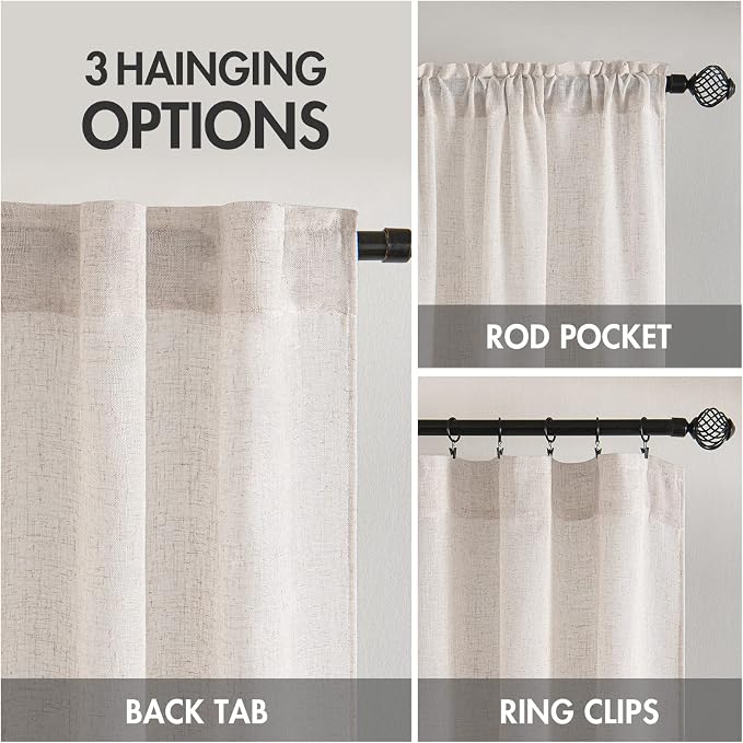 MIULEE White Linen Curtains 108 Inches Long for Bedroom Living Room, Soft Thick Linen Textured Window Drapes Semi Sheer Light Filtering Rod Pocket Back Tab Burlap Look Farmhouse Decor, 2 Panels