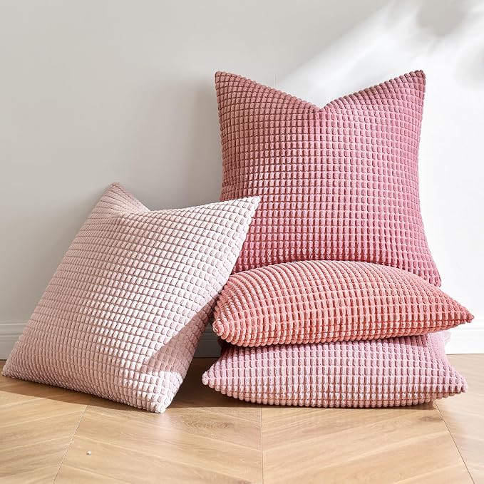 MIULEE Aesthetic Pink Spring Decorative Pillow Covers 18x18 Inch Set of 4 | Romantic Sweet Cute Soft Throw Pillows Coquette Home Decor Corduroy Couch Pillowcases for Sofa Living Room Bed