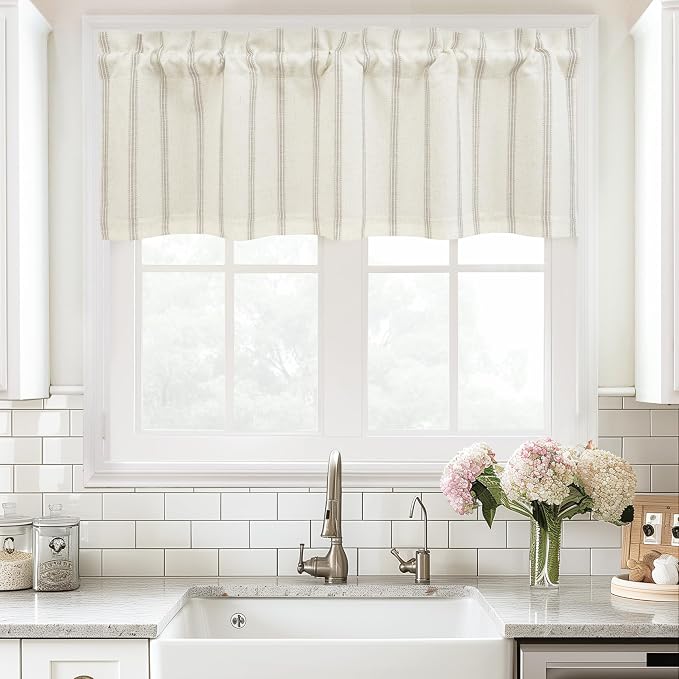 DriftAway Farmhouse Linen Lined Valance 2 Layer Thermal Insulated Room Darkening Blackout Window Valances Rod Pocket Vertical Striped Kitchen Valance for Bathroom Single 52 x 18 Inch Camel Beige