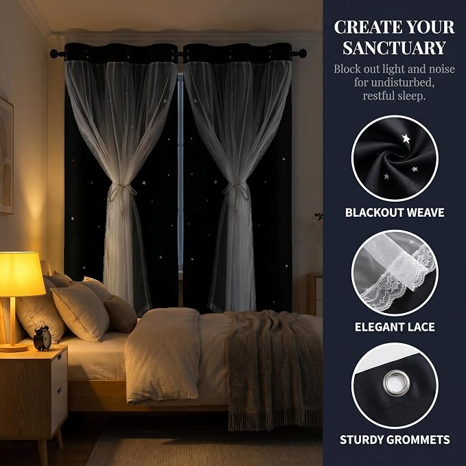 Kids Blackout Curtains for Bedroom/Living Room/Classroom, Sheer Overlay Small 2 Panel Set, Double Layer Curtains with Star Cutout for Kids Room(W 52 x L 45 Inches,Black 2 Pcs)
