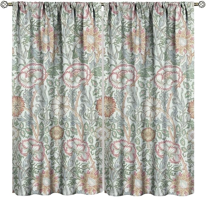 William Morris Floral Window Curtains, Watercolor Vintage Flower Art Style Blackout Window Treatments, for Bedroom Living Room 21(W)*45(L) 2 Panels