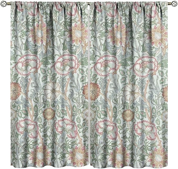William Morris Floral Window Curtains, Watercolor Vintage Flower Art Style Blackout Window Treatments, for Bedroom Living Room 21(W)*54(L) 2 Panels