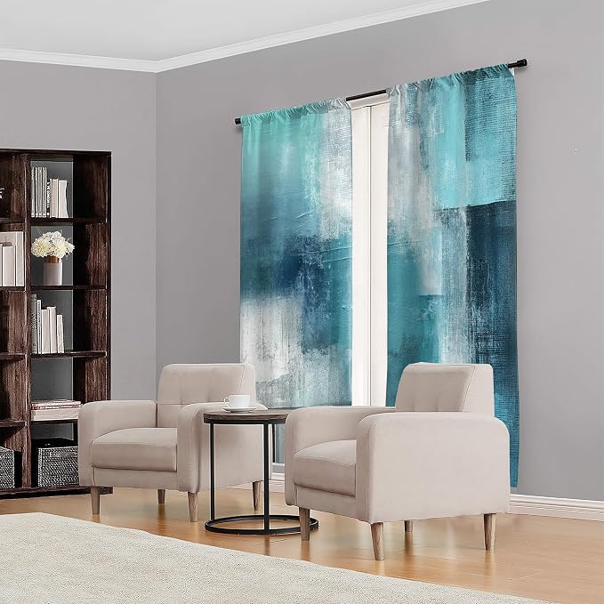 MESHELLY Turquoise and Grey Abstract Curtains 52W x 84H Rod Pocket Blue Teal Gray Art Painting Bay Modern Contemporary Watercolor Background Oil Cool Printed Living Room Bedroom Window Fabric 2 Panels