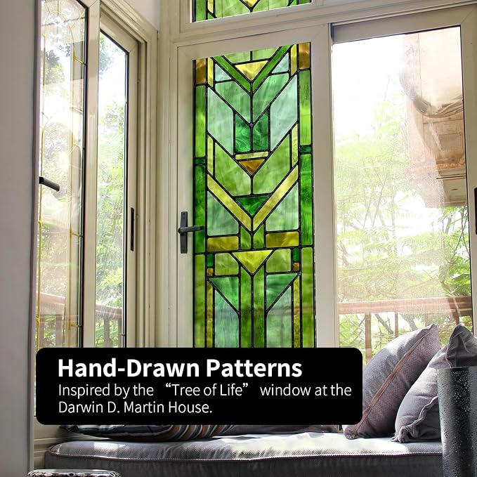 Faux Stained Glass Effect Transparent Window Film, Original Hand Drawn Static Cling Home Decal Inspired by Frank Lloyd Wright, 16.93" x84.65" Martin House, Green