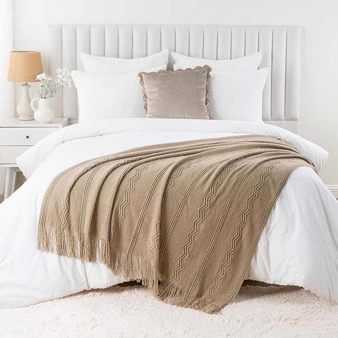 BATTILO HOME Tan Throw Blanket for Bed, Boho Decorative Blanket for Couch, Taupe Throw Blanket for Home Decor, 50"x60"