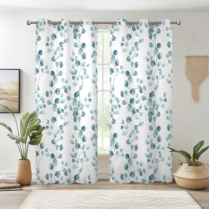 Renaiss Eucalyptus Leaf Curtains Green Eucalyptus Print Blackout Window Drapes for Bedroom Botanical Grommet Top Thermal Insulated Window Curtains for Living Room 42W x 84L 2 Panel Set