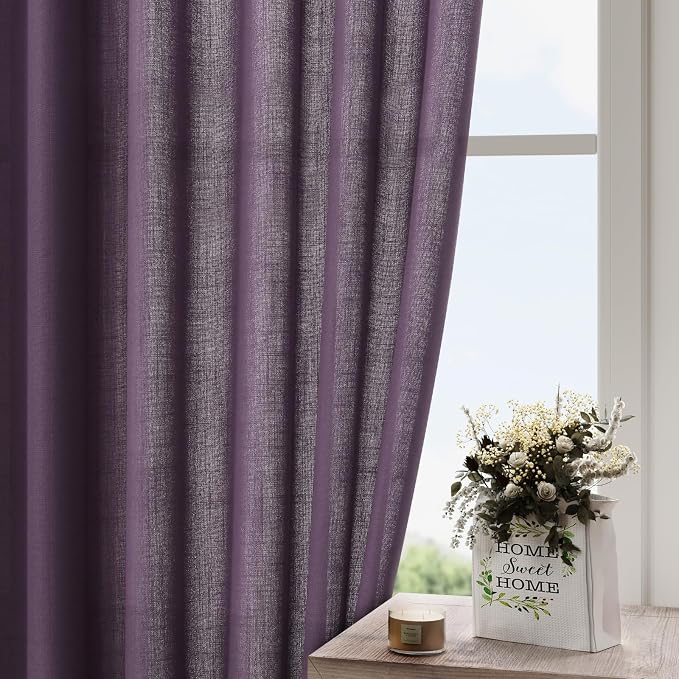 Plum Linen Curtains 102 Inches Long Rod Pocket Back Tab Drapes 2 Panels Set for Living Room Sheer Light Filtering Semi Sheer Plum Curtain 102 Length for Patio Sliding Glass Door 52x102