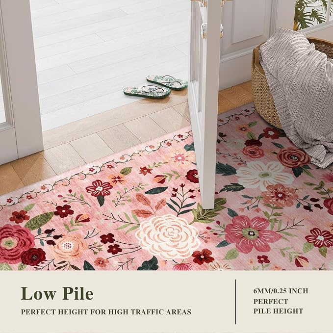 2.6x8 Machine Washable Runner Rug, Kitchen Hallway Area Rug Dark Pink Vintage Boho Floral Ultra Non-Slip Low Pile Soft Faux Wool Carpet Kids and Pets Friendly for Bedroom Entryway Nursery Decor Rug