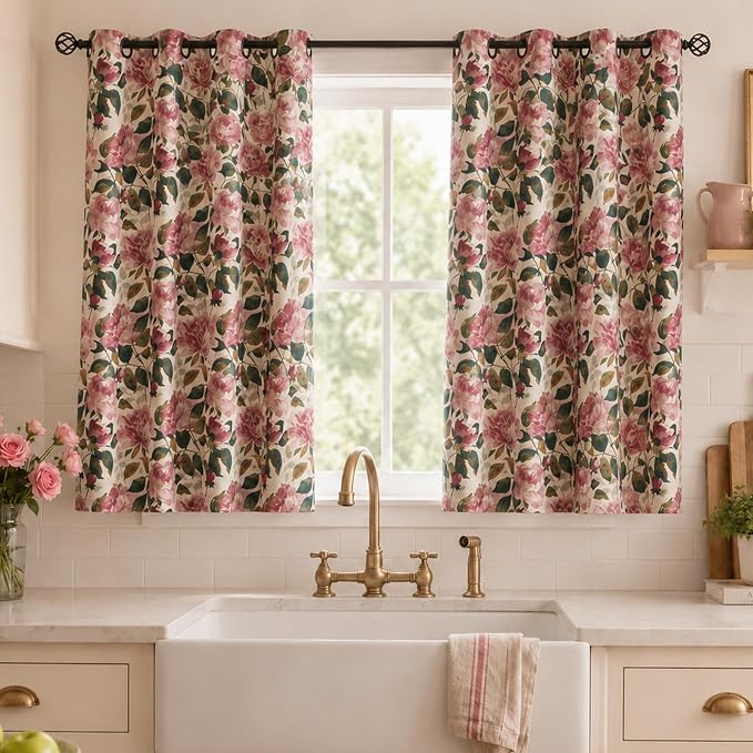 ALIGOGO Pink Floral Kitchen Curtains 54 Inch Length, Linen Blend Farmhouse Cottage Short Floral Window Curtains for Bedroom Laundry Room,Grommet Top, Light Filtering & Privacy, 2 Panels, 50W x 54L