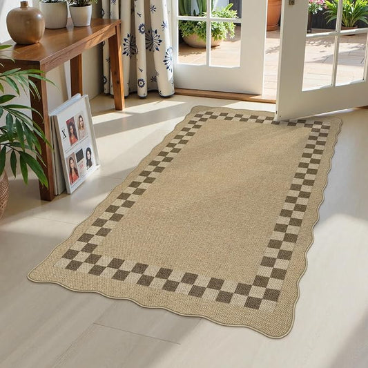 LIVEBOX Scalloped Easy Jute Checkered 3x5 Outdoor Rug, Washable Non-Slip Tan Rugs for Entryway, Geometric Indoor Outdoor Rug Farmhouse Boho Carpet Door Mat for Patio Porch Bedroom Living Room Modern