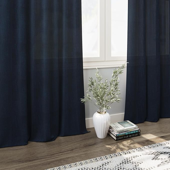 Navy Blue Linen Textured 96 Inch Curtains 2 Panel Set Back Tab Rod Pocket Semi Sheer Boho Room Decor Aesthetic Curtains Indigo Blue Burlap Look Curtain Drapes for Living Room Bedroom 8Ft 40x96 Inch