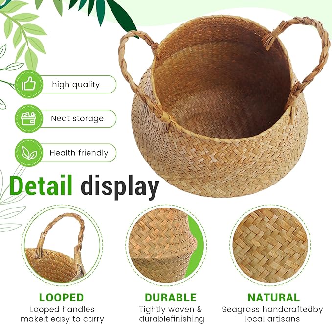 Knitgrip Large Wicker Plant Basket with Handle 10 Inch Woven Seagrass Belly Basket and Artificial Moss for House Plants Picnic Grocery Laundry Storage Home Decor(Large,Original,1 Pack)