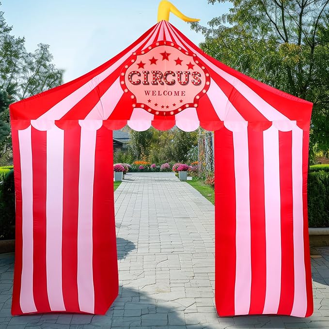 Preboun 10ft/3.05m Circus Carnival Party Decoration Large Circus Inflatables Tent Blow up Archway Built in LED Lights for Carnival Birthday Party Summer Holiday Yard Garden Outdoor Decor