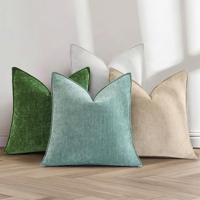 decorUhome Fall Couch Euro Sham Throw Pillow Covers 26x26 Set of 2, Decorative Soft Velvet Modern Cozy Chenille Pillow Cases with Elegant Design for Sofa Bed Living Room Home Decor, Moss Green