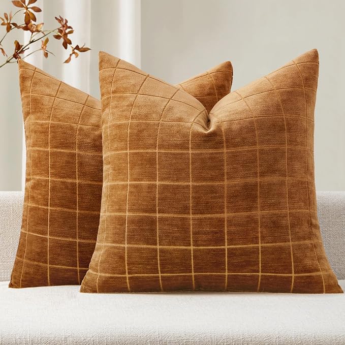 MIULEE Bronze Plaid Decorative Fall Throw Pillow Covers 20x20 Set of 2 | Vintage Check Chenille Couch Pillows Boho Farmhouse Cushion Covers Modern Fall Home Decor for Sofa Bed Living Room