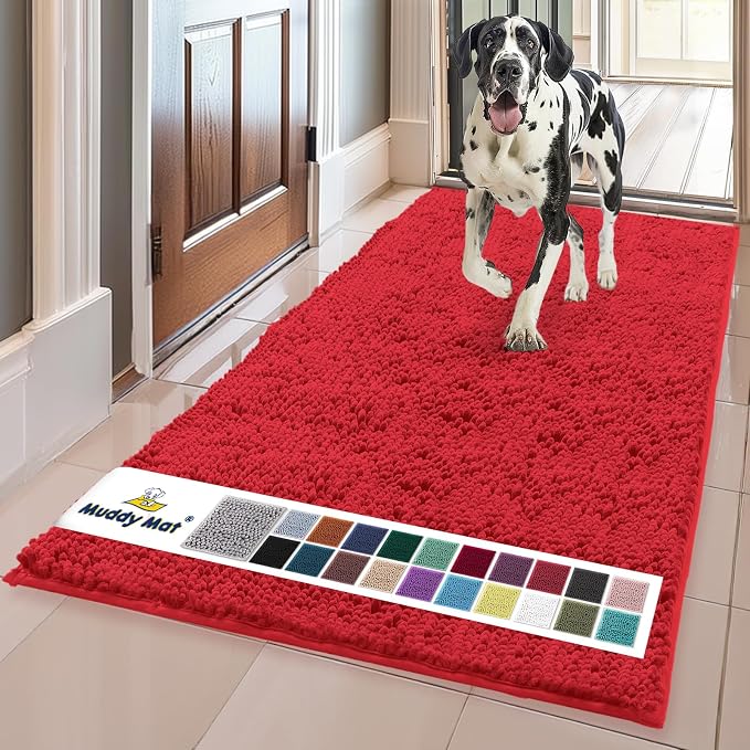 Muddy Mat® | Super Water Absorbent Door Mat Indoor, Microfiber Quick Dry Chenille Entryway Rug, Slip Resistant Front Door Mat, Indoor Mats for Entryway, Machine Washable Pet Rug, Red 24" x 120"