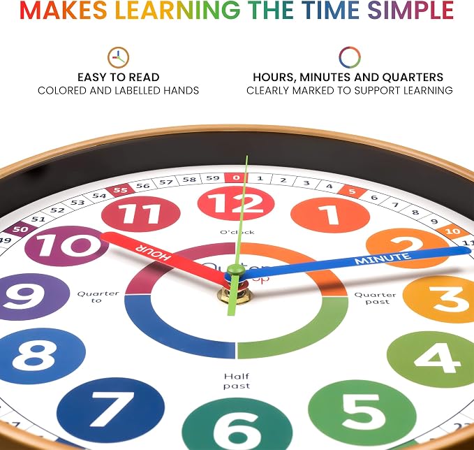 Oyster&Pop Kids Clock – Silent 10" Analog Learning Wall Clocks - Award-Winning Telling Time Teaching Clock for Kids - Bedrooms Homeschool & Classrooms - Includes eBook