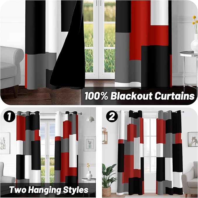 Tyrot Red Black 100% Blackout Curtains for Bedroom 84 inch Length 2 Panels Set White Grey Modern Abstract Geometric Black Out Curtains Insulated Room Darkening Window Drapes for Living Room, 42Wx84L
