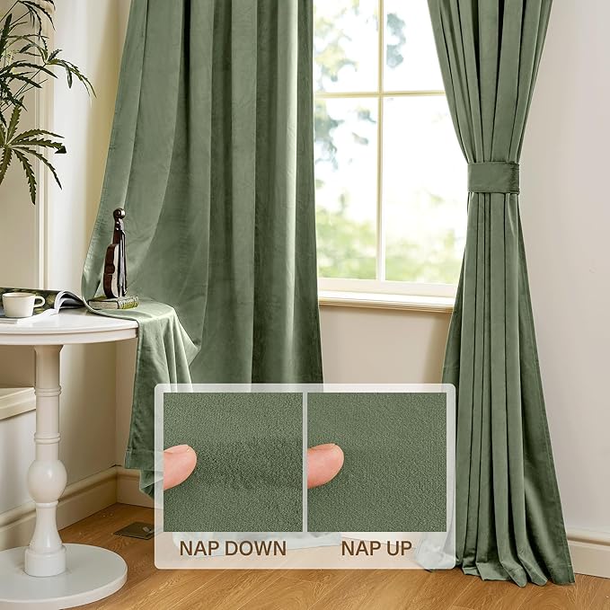 StangH Soft Velvet Sage Green Curtains 96 inches Long Rod Pocket, 2 Panels | Room Darkening Window Drapes, Thermal Insulation Living Room Sliding Door Panels, 300GSM Rich Soft Velvet, Bedroom