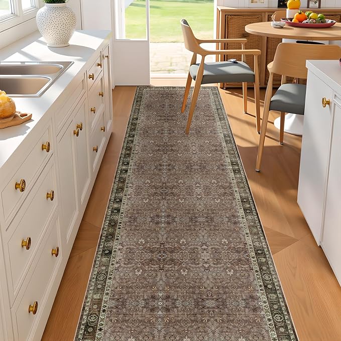 Washable Runner Hallway Rug,2x10 Non Slip Boho Non-Shedding Kitchen Carpet Soft Indoor Stain Resistant Rug for Bedroom Laundry Room Bathroom Brown Floral