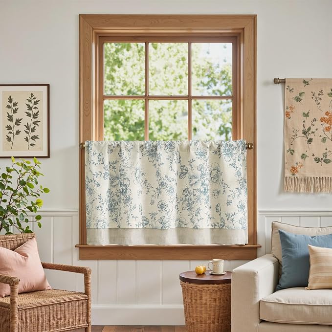 jinchan Linen Kitchen Curtain 24 Inch French Floral Double Layer Curtain Farmhouse Tier Drape Rustic Half Window Treatment for Living Room Light Filtering Rod Pocket 1 Panel Blue on Beige