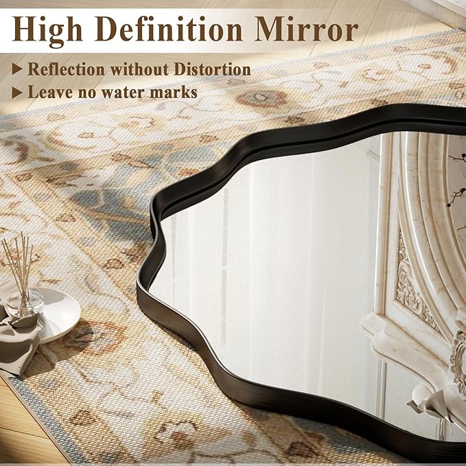 VooBang Black Scalloped Circle Mirror, 30" Wavy Edge Round Wall Mirror with Tempered Glass Textured Circular Metal Deep Frame, Hanging Leaning for Bathroom, Hallway, Entryway, Livng Room