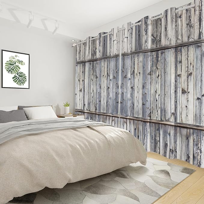 Wooden Barn Doors Kitchen Curtains,Wood Planks Rustic Farm Farmhouse Window Curtains Country Retro Western Vintage Grey Window Curtain Treatments Bedroom Living Room Decor,53x96 inch,2 Panels