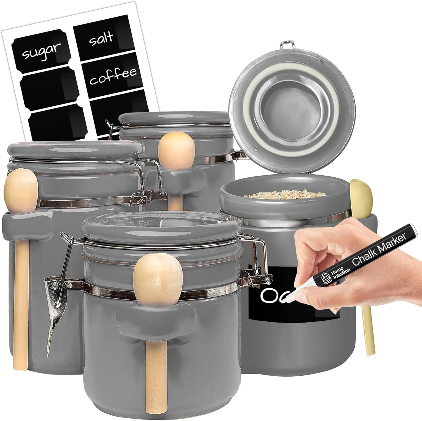Home Intuition 4-Piece Ceramic Kitchen Canisters Set, Airtight Containers with Wooden Spoons Reusable Chalk Labels and Marker for Sugar, Coffee, Flour, Tea (Grey)