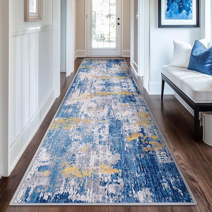 RELEANY Washable Area Rugs 2'x8' Non-Slip Modern Abstract Soft for Living Room Entryway Bedroom Kitchen, Print Pattern, Grey Blue Gold/Golden