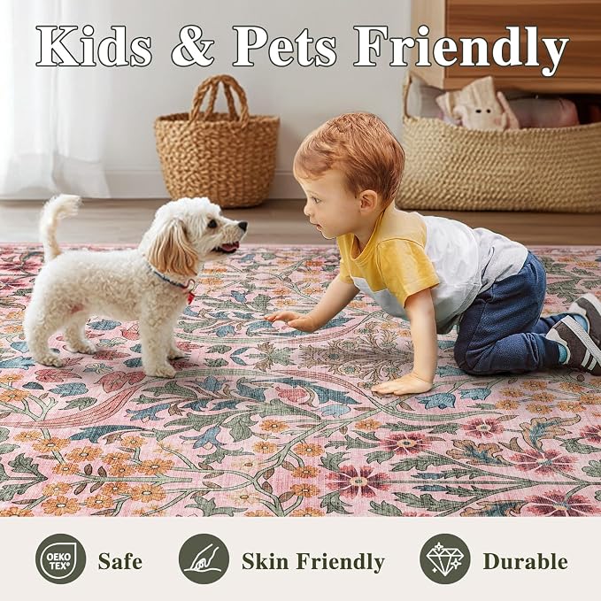 2.6x8 Machine Washable Runner Rug, Kitchen Hallway Area Rug Pink Vintage Boho Floral Ultra Non-Slip Low Pile Soft Faux Wool Carpet Kids and Pets Friendly for Bedroom Entryway Nursery Decor Rug