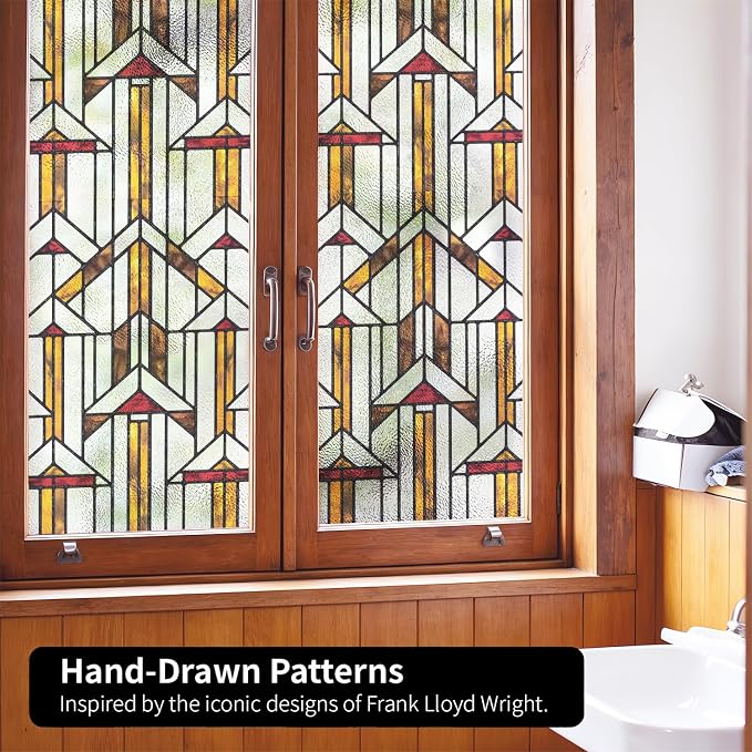 Faux Stained Glass Window Film, Decorative Window Privacy Film for Glass Decor, Static Cling Inspired by Frank Lloyd Wright, 22.83" x35.43" Hollyhock House, Boho