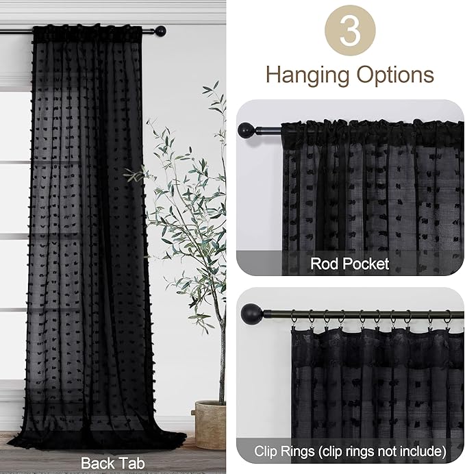 108 Inches Long Black Sheer Curtain Panels for Living Room Decor Back Tab Rod Pocket Luxury Elegant Pom Pom Tufted Floral Textured Boho Semi Sheer Curtains for Patio Hallway High Ceiling to Floor 9ft