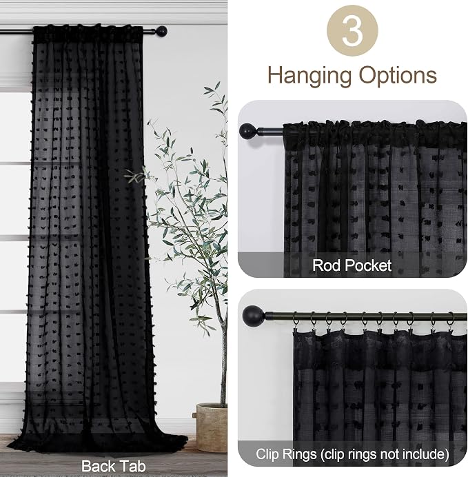 Pom Pom Black Boho Curtains 90 Inch Length for Living Room 2 Panels Back Tab Rod Pocket Transparency Neutral Country Rustic Farmhouse Sheer Semi Modern Curtains 90 Inches Long for Bedroom Playroom