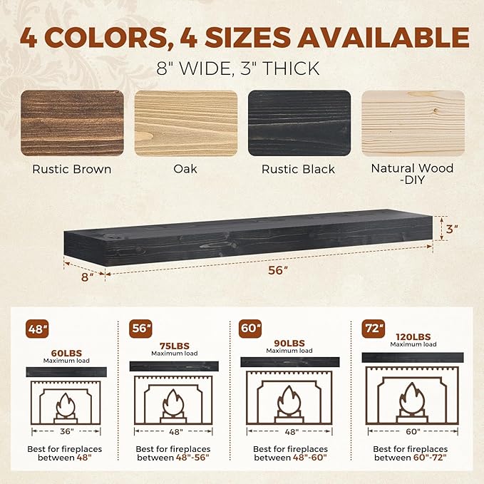 56x8x3 Fireplace Mantel - Handcrafted Hollow Rustic Solid Wood Wall Mounted Floating Shelf with Invisible Heavy Duty Wood Bracket (Weathered Black)