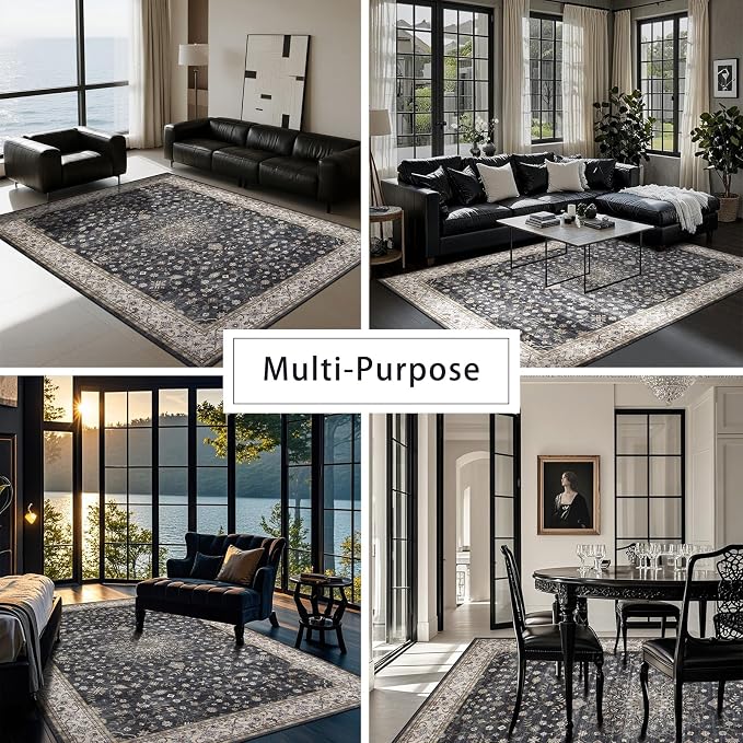 Srugn Washable Rugs 8x10 Area Rugs for Living Room,Rugs for Bedroom,Large Carpets,Ultra Soft Faux Wool Retro Dining Room Rug,Non Slip&Non-Shedding Low Pile Vintage Print Rug for Home Office-Black