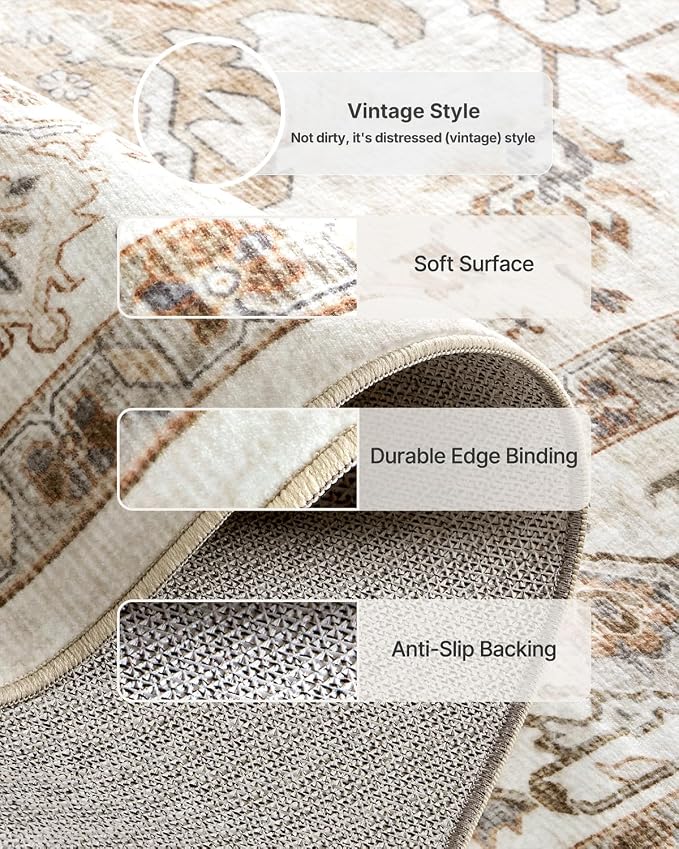 AMADA HOMEFURNISHING Round 5ft Area Rugs, Low-Profile Washable Rug with Non-Slip Backing & Durable Edge Binding, Vintage Rugs for Living Room, Bedroom, Dinning Room