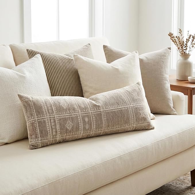 BlissBlush Decorative Lumbar Pillow Cover 14x36, Long Decorative Throw Pillow for Bed, Taupe Boho Textured Chenille Accent Pillowcase for Bedroom Home Décor (Cover Only)