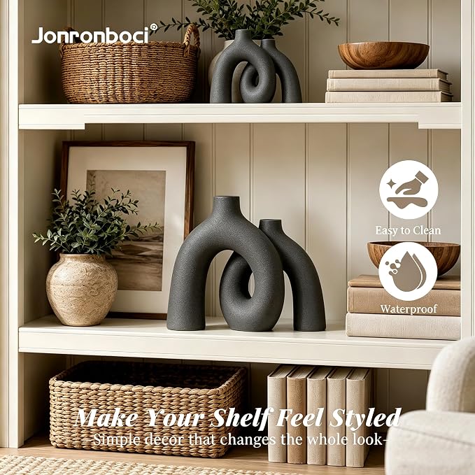 Hug Donut Decorative Vase Set - Dark Gray Modern Minimalism Industrial Style Vases Home Decor, Matte Ceramic Decorations for Living Room Shelf, Bookshelf Mantle Entryway Table or Console Décor(Gray)